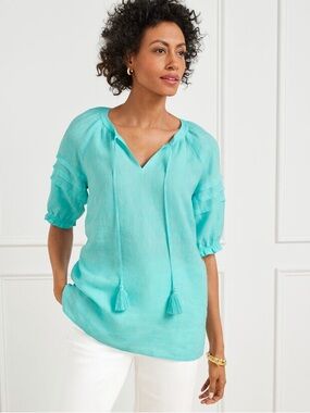 Talbots Pleated Sleeve Linen Top XL Cross Dye Tassel Blouse Boho